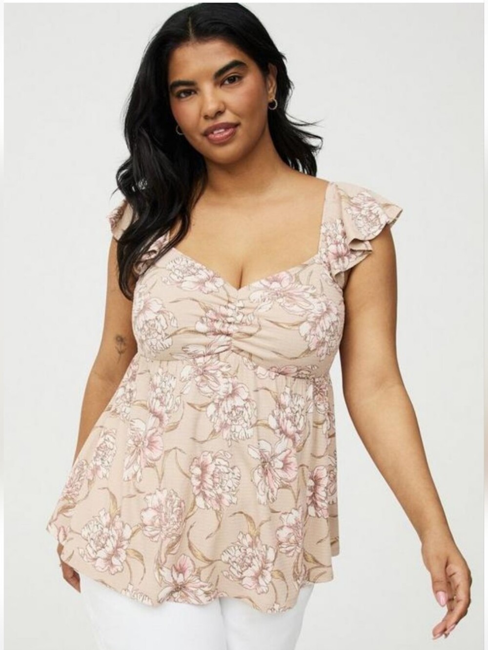 Torrid Sketchbook Floral Tan Textured Jersey Babydoll Top
